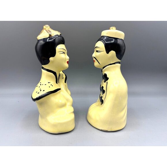 Vtg MCM Asian Ceramic Figurine Bust Pair Yellow Gold Accents - Picture 3 of 7